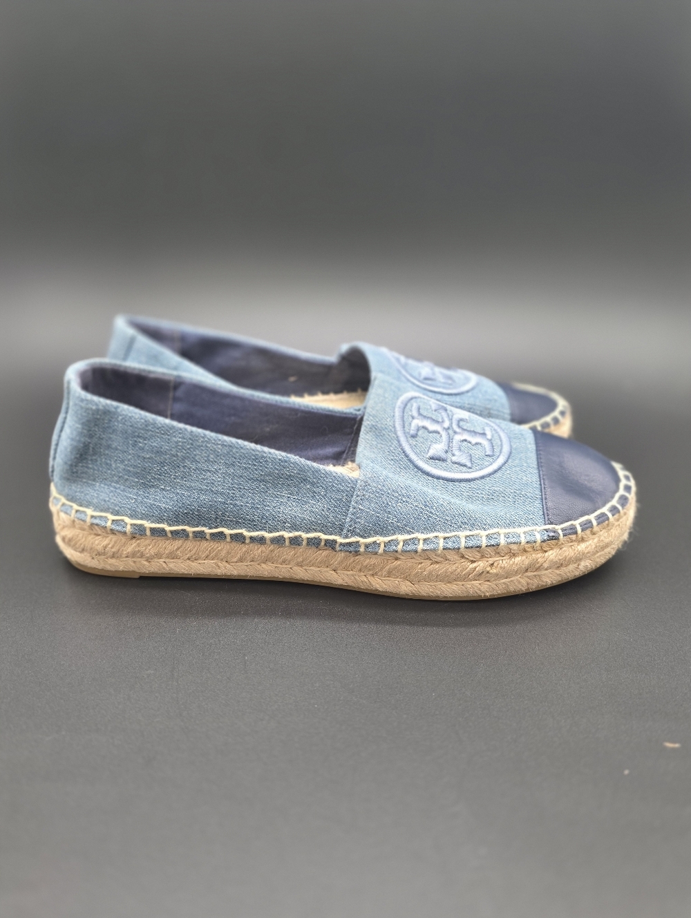 Tory Burch Benton Slip-On Platform Espadrilles in denim logo-embroidered Sz7